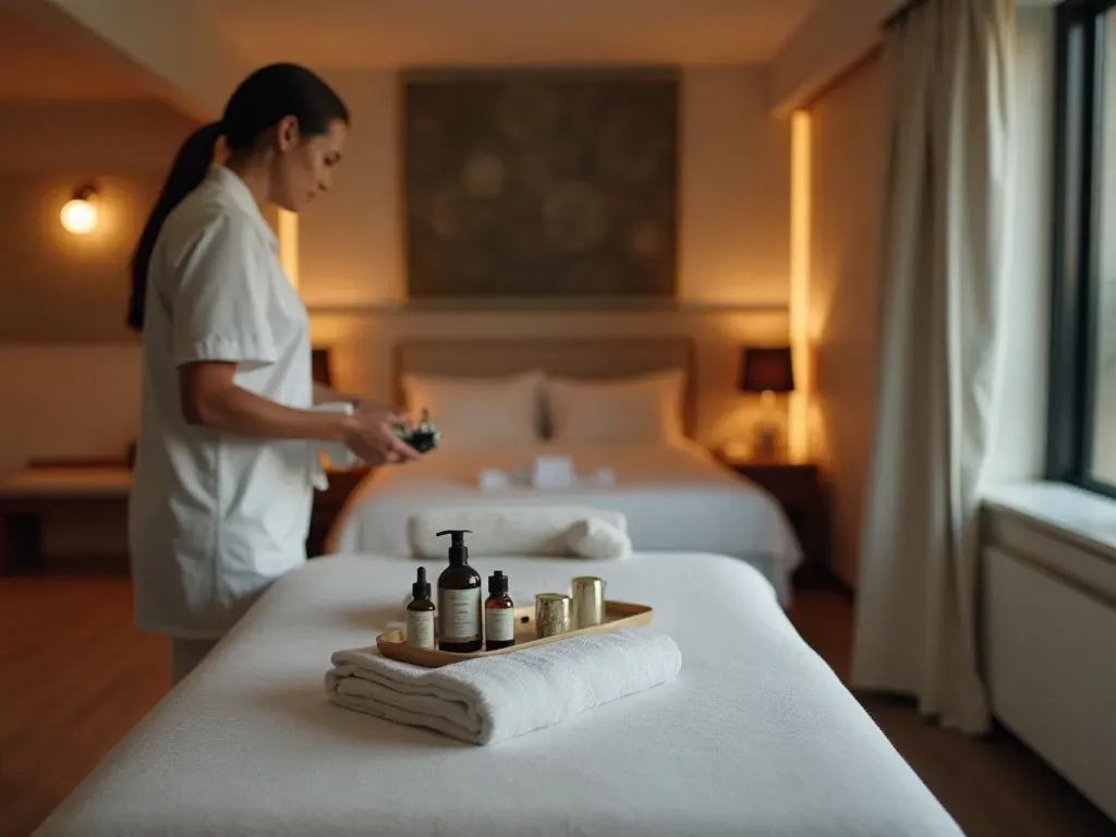 Therapist preparing oils for an in-room massage in a Dubai hotel